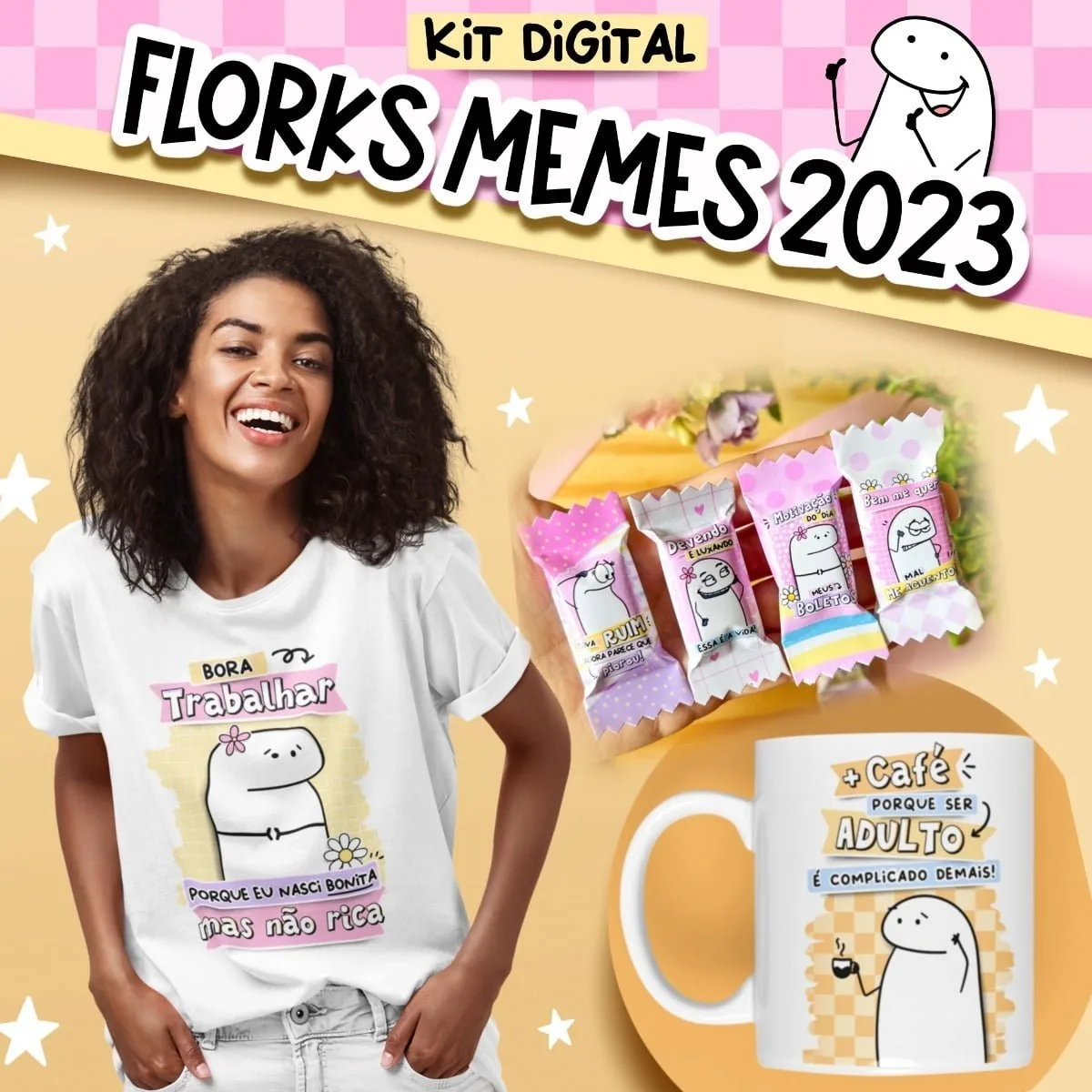 Arte digital com personagem branco, fundo xadrez rosa e estrelas.