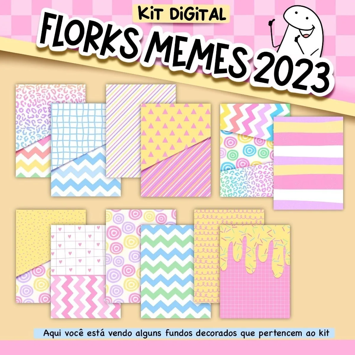 Páginas com estampas coloridas, texto Kit Digital 2023 e personagem branco.