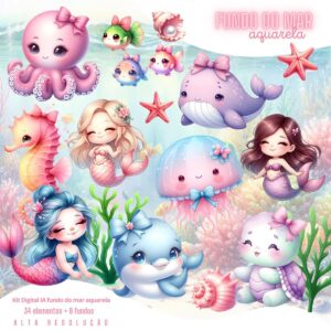 kit digital fundo do mar aquarela baby png ilustracoes 3d 2