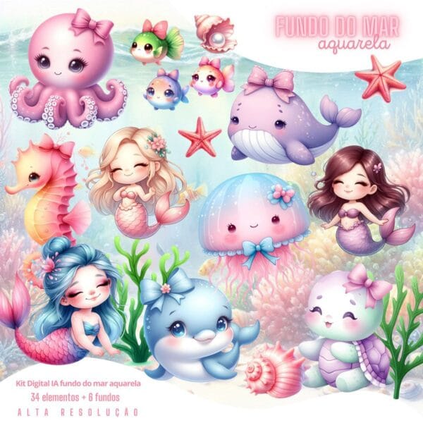 Kit Digital Fundo do Mar Aquarela Baby Png Ilustrações 3D