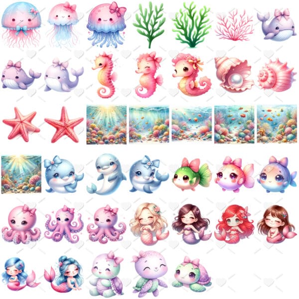 Kit Digital Fundo do Mar Aquarela Baby Png Ilustrações 3D - Imagem 2