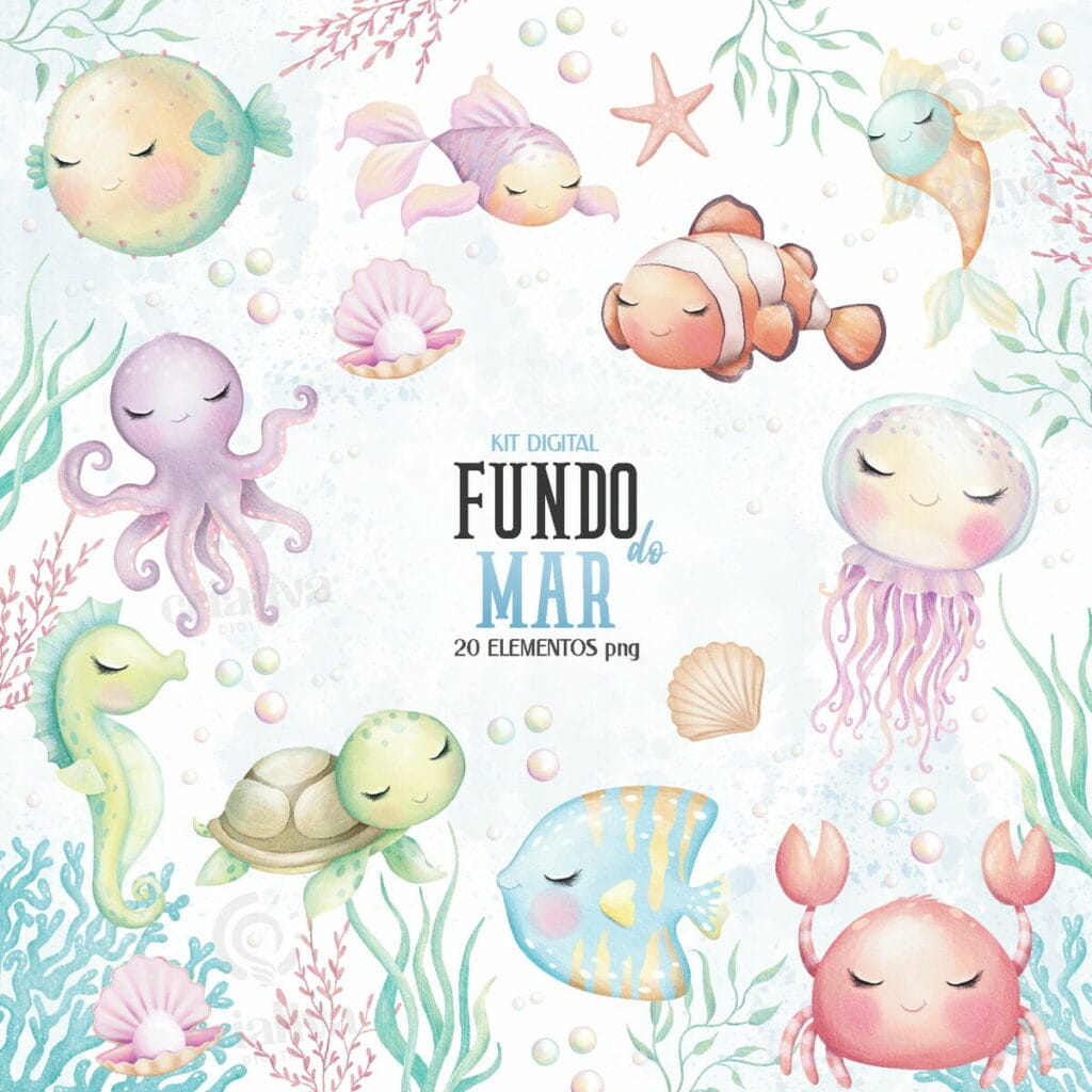 Kit digital fundo do mar aquarelado png transparente ilustrei studio
