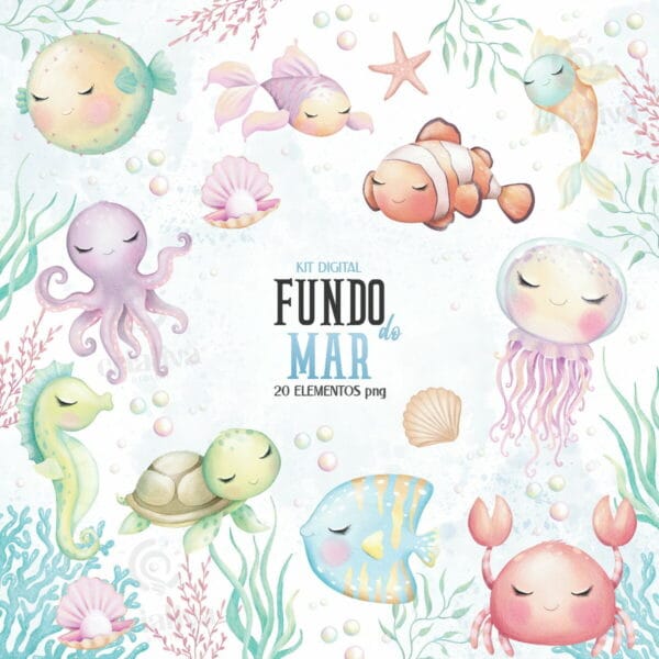 Kit Digital Fundo do Mar Aquarelado Png Transparente
