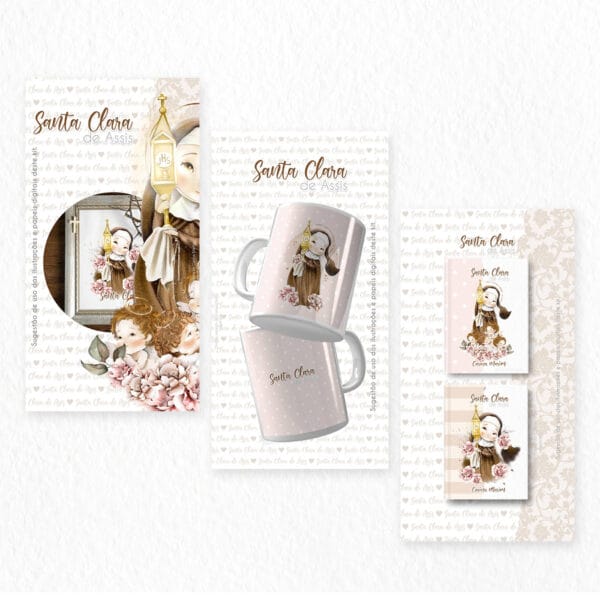Kit Digital Ilustrações Santa Clara de Assis Santinhos Png