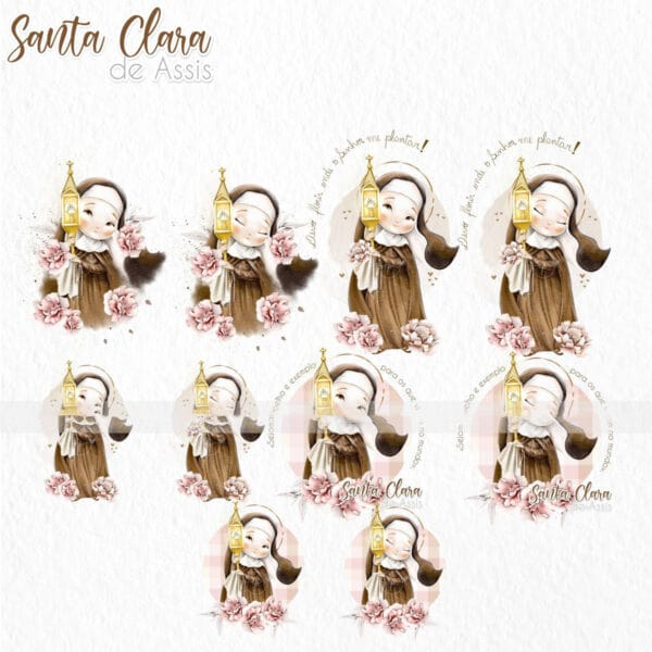 Kit Digital Ilustrações Santa Clara de Assis Santinhos Png