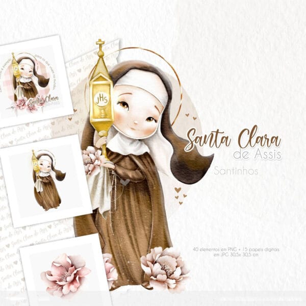 Kit Digital Ilustrações Santa Clara de Assis Santinhos Png