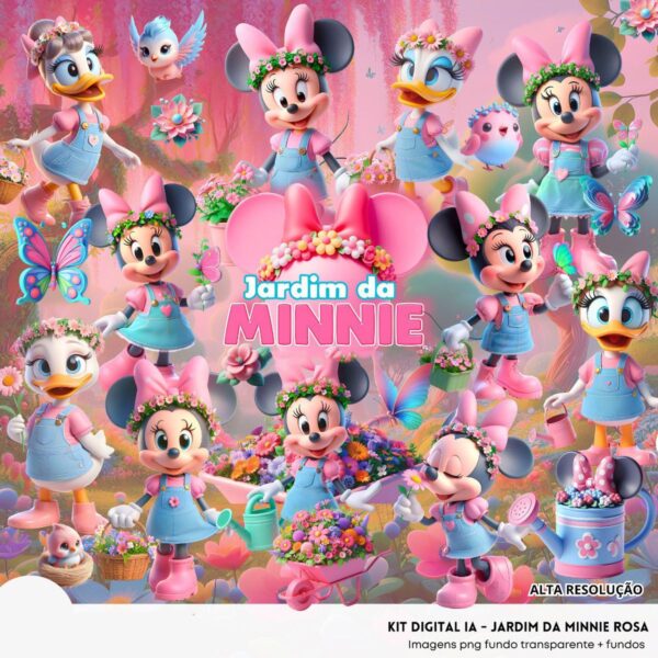 Kit Digital Jardim da Minnie Rosa 3D Cute Fofo Ilustrações