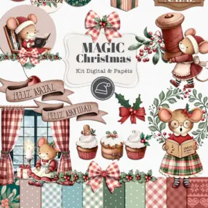 Ilustrações digitais de Natal com ratos fofos, presentes, doces e elementos festivos variados.