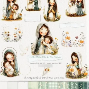 Kit Digital Maria: Aquarela de Fé e Ternura PNG