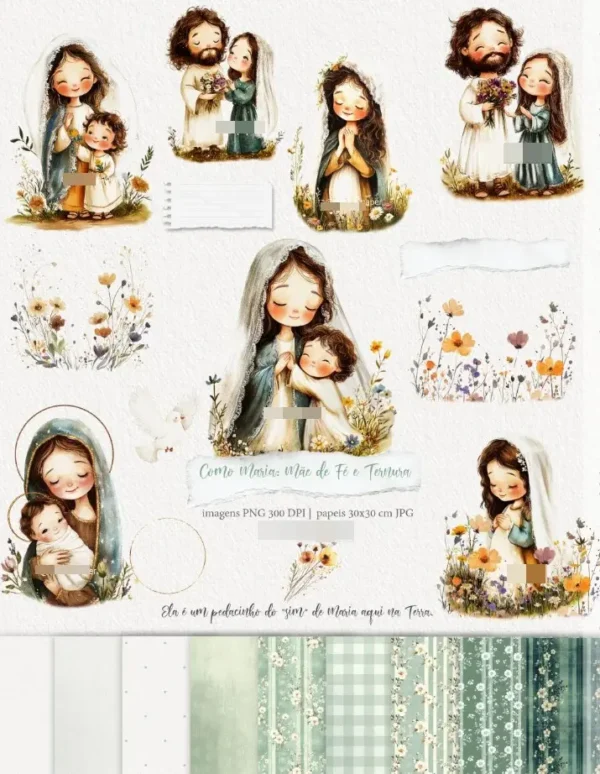 Kit Digital Maria: Aquarela de Fé e Ternura PNG
