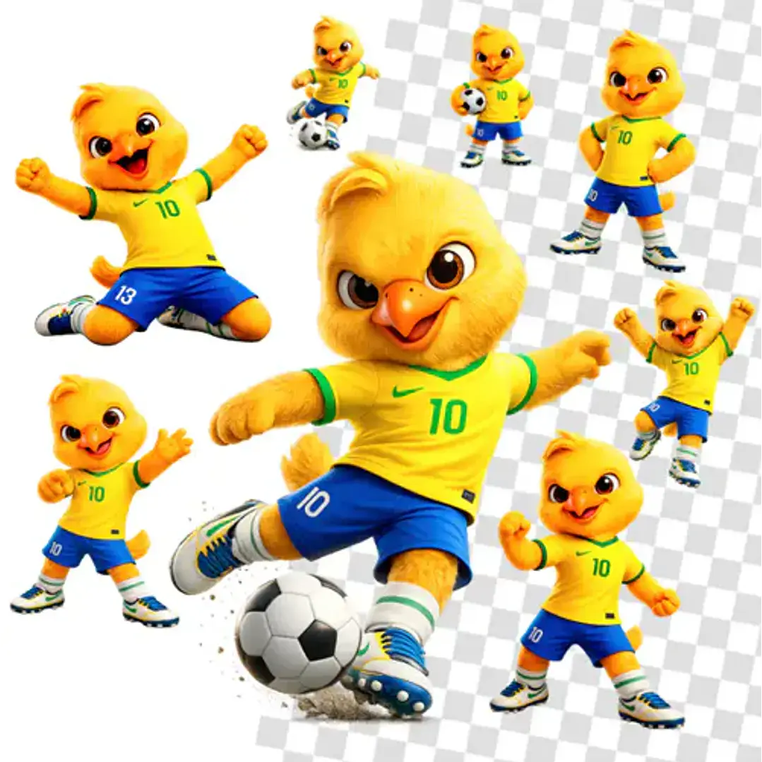 Kit Digital Mascotes Copa 2026 PNG Sublimação Papelaria 2 Kit PNG Canarinho Pistola futebol, mascote Brasil em várias poses com bola.