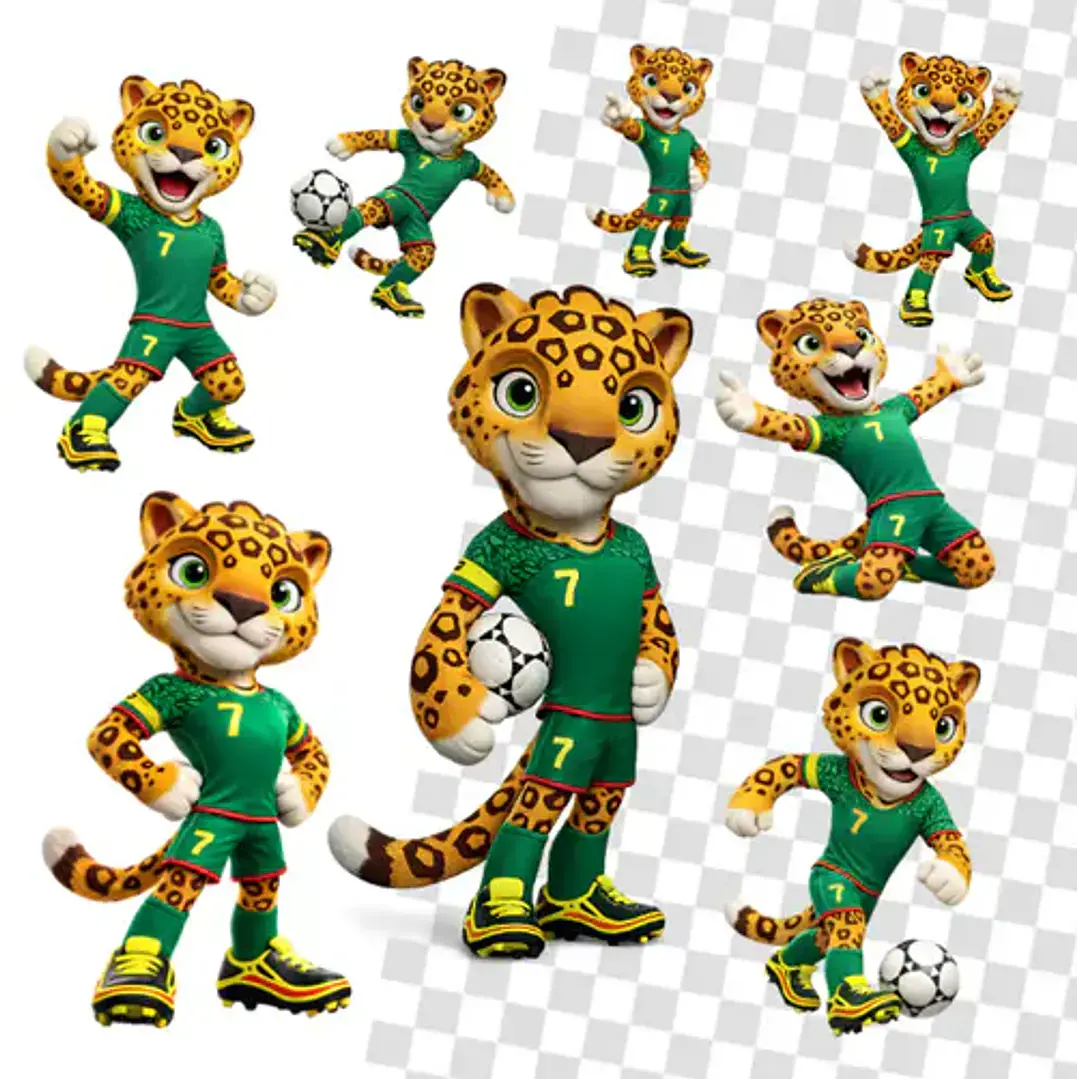 Kit Digital Mascotes Copa 2026 PNG Sublimação Papelaria 3 Kit digital PNG de mascote leopardo jogador de futebol em várias poses.