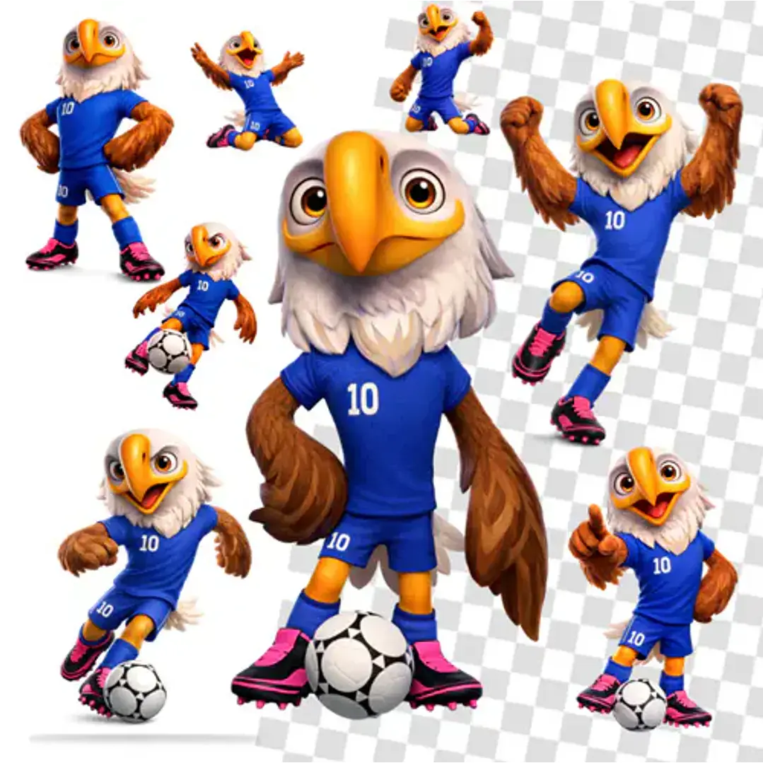 Kit Digital Mascotes Copa 2026 PNG Sublimação Papelaria 4 Kit PNG e vetor águia mascote futebol camisa 10 em diversas poses.