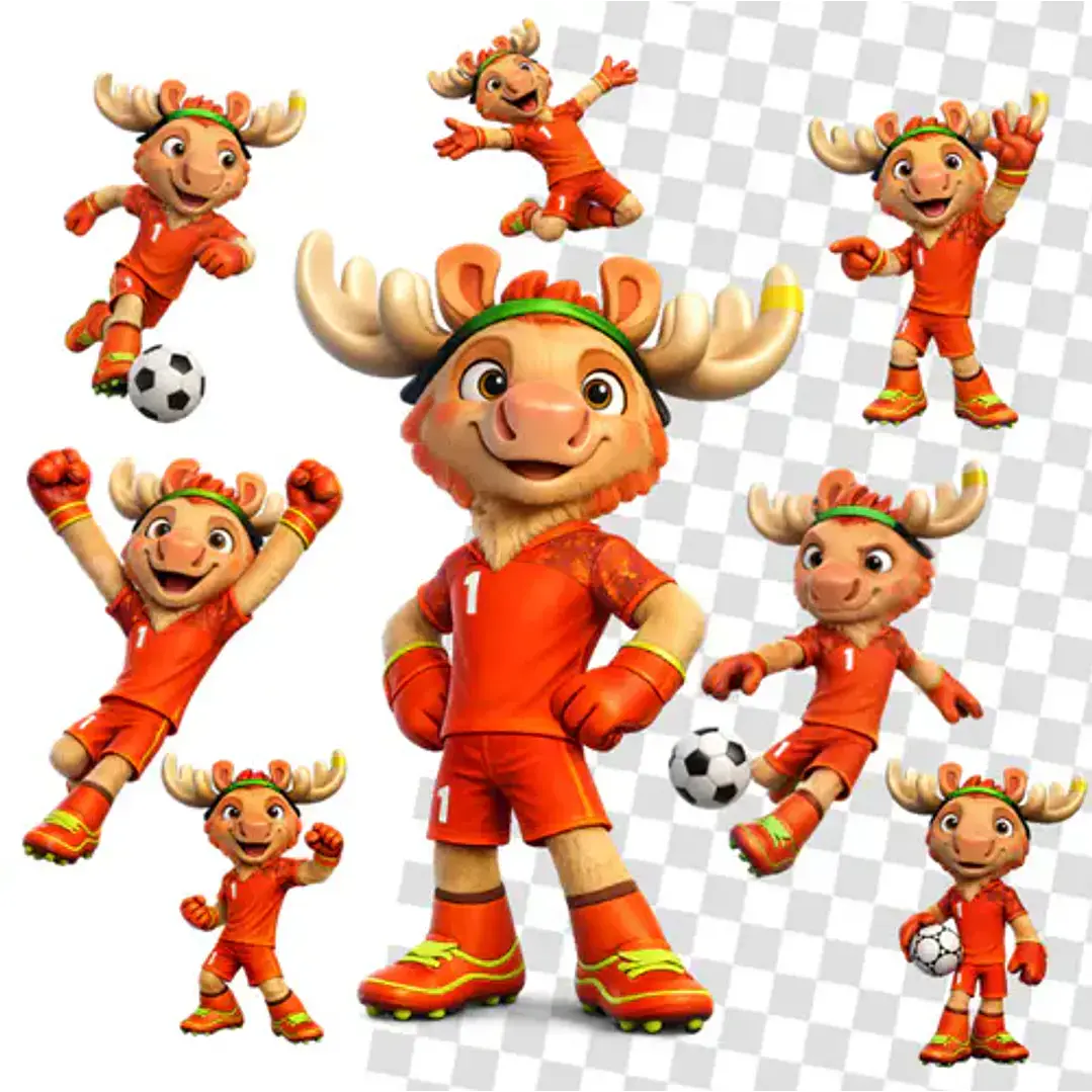 Kit Digital Mascotes Copa 2026 PNG Sublimação Papelaria 5 PNGs de mascote alce jogador de futebol em diversas poses para design.