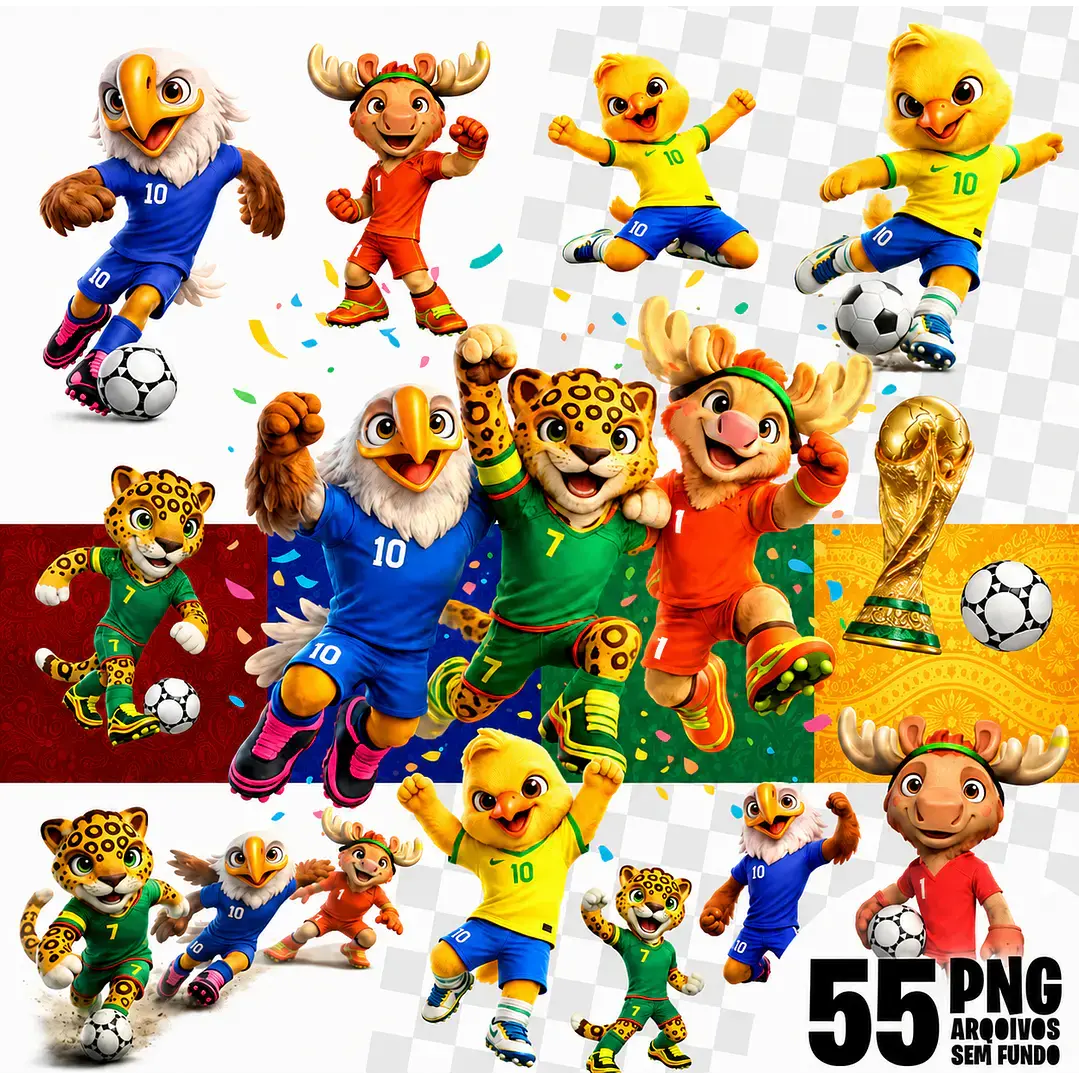 Kit Digital Mascotes Copa 2026 PNG Sublimação Papelaria 1 55 PNGs sem fundo de mascotes de futebol: águia, onça, alce, pintinho, taça.