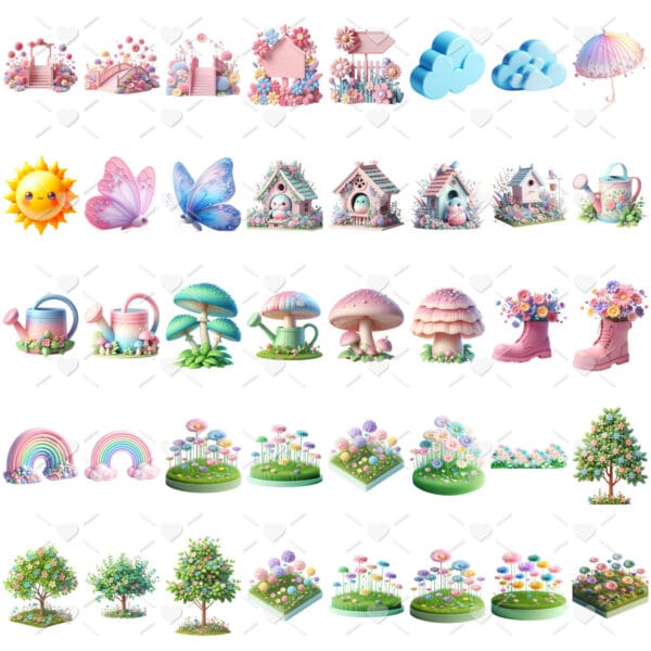 Kit Digital Mascotinhas Jardim Encantado 3D Cute Imagens Png