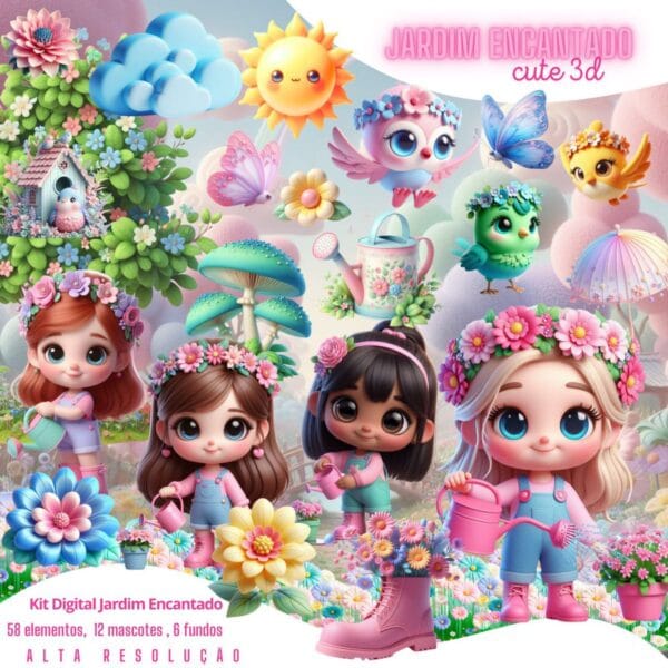 Kit Digital Mascotinhas Jardim Encantado 3D Cute Imagens Png