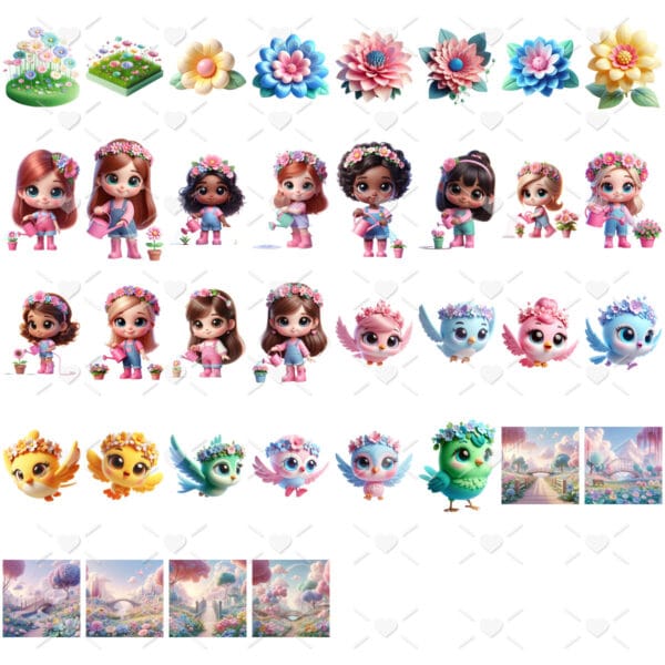 Kit Digital Mascotinhas Jardim Encantado 3D Cute Imagens Png
