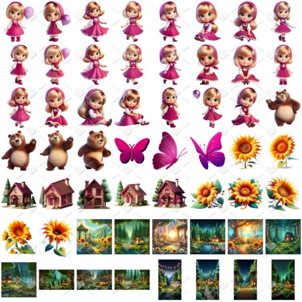 Kit Digital Masha e o Urso Imagens Png 3D Menina Cute Fofo