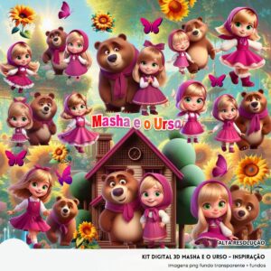 Kit Digital Masha e o Urso Imagens Png 3D Menina Cute Fofo