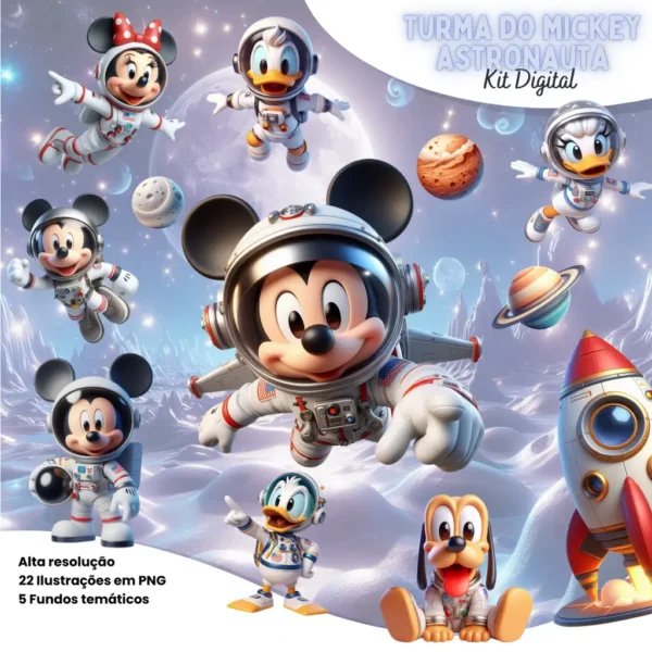 Kit Digital Mickey Astronauta em PNG para Festas