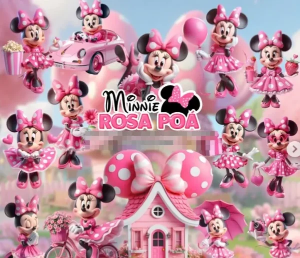 Kit Digital Minnie Rosa Poá para Festas em PNG