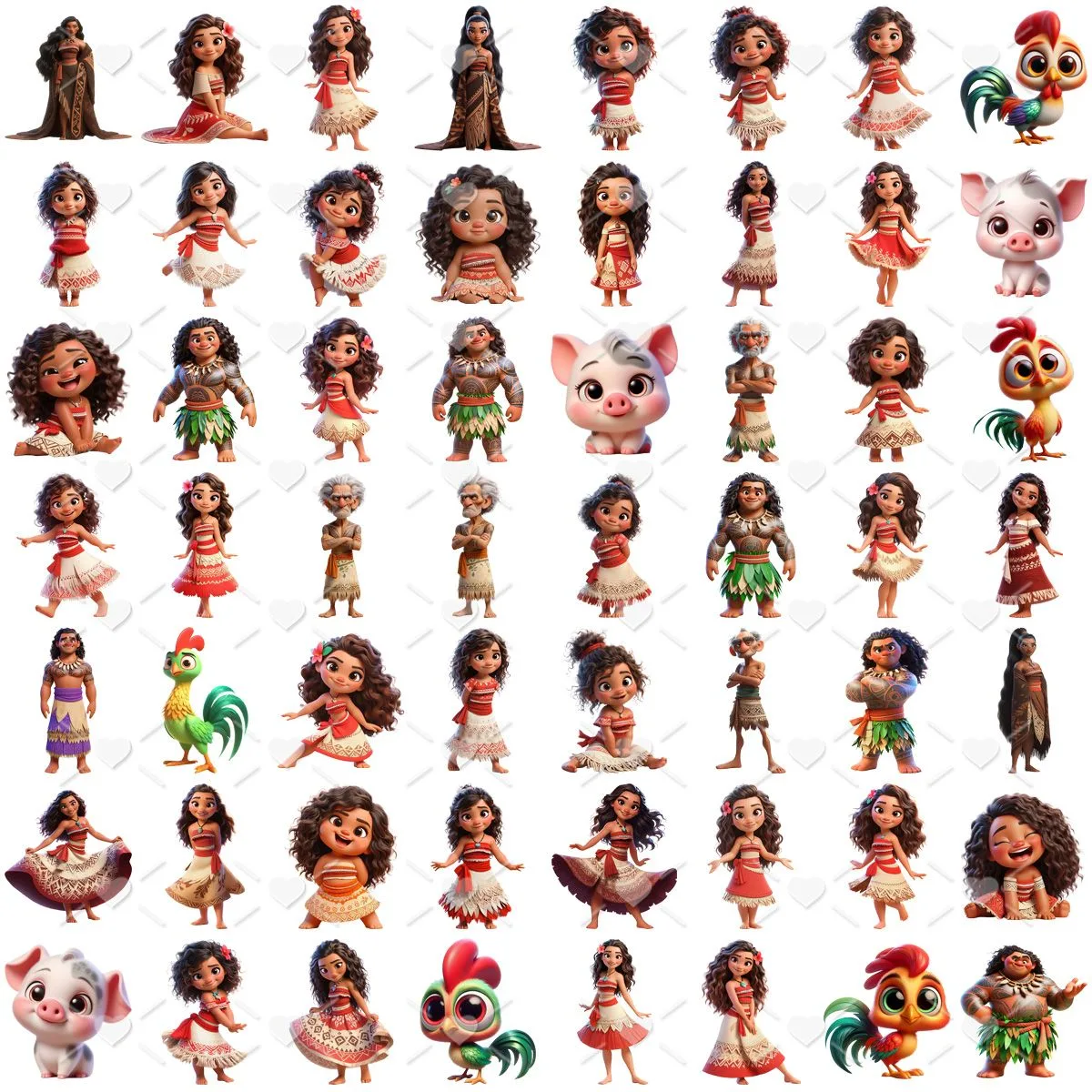 Uma coleção de personagens de desenho animado, incluindo uma menina, um homem, um porco e um galo.