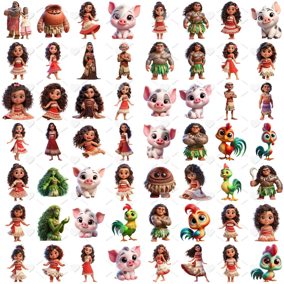 Ilustrações digitais de personagens infantis em grade sobre fundo branco