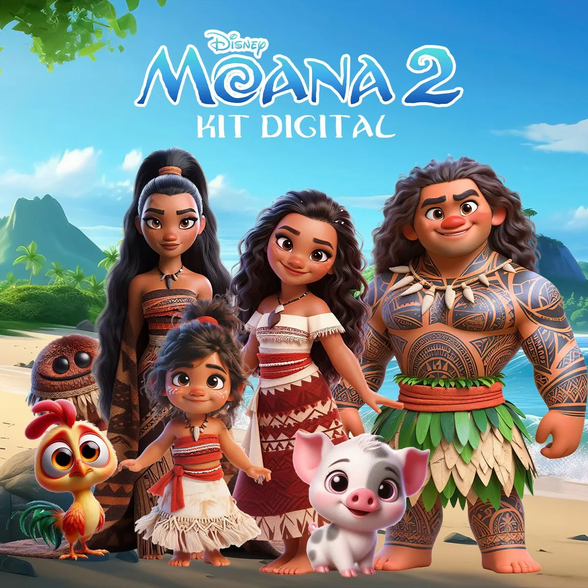 Grupo de personagens animados e animais em praia tropical com texto "KIT DIGITAL".
