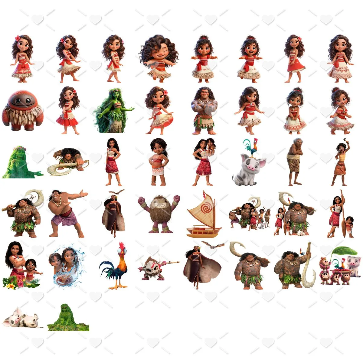 Colagem de personagens de animação com barco e animais em fundo branco