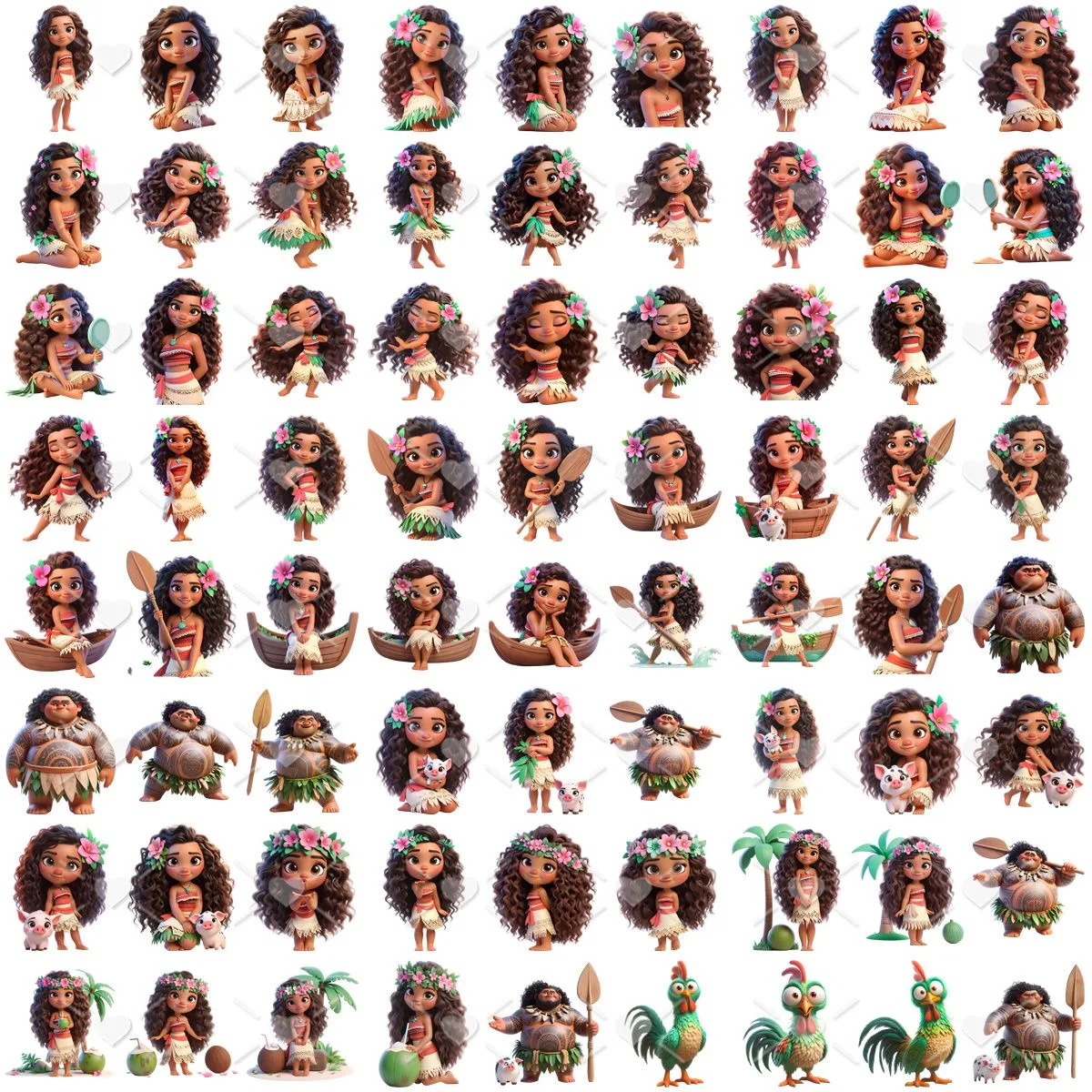 Kit Digital Moana Waialiki 3D Cute Fofo Ilustrações Png 2 Grade de personagens cartoon com cabelos cacheados, flores, remos, animais e cocos