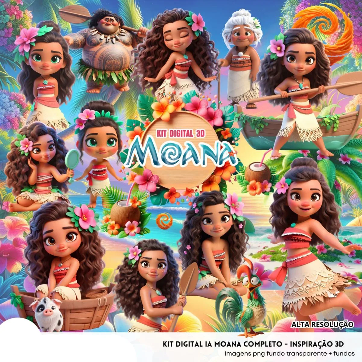 Kit Digital Moana Waialiki 3D Cute Fofo Ilustrações Png 1 Colagem de personagens femininas em cenário tropical com flores e oceano