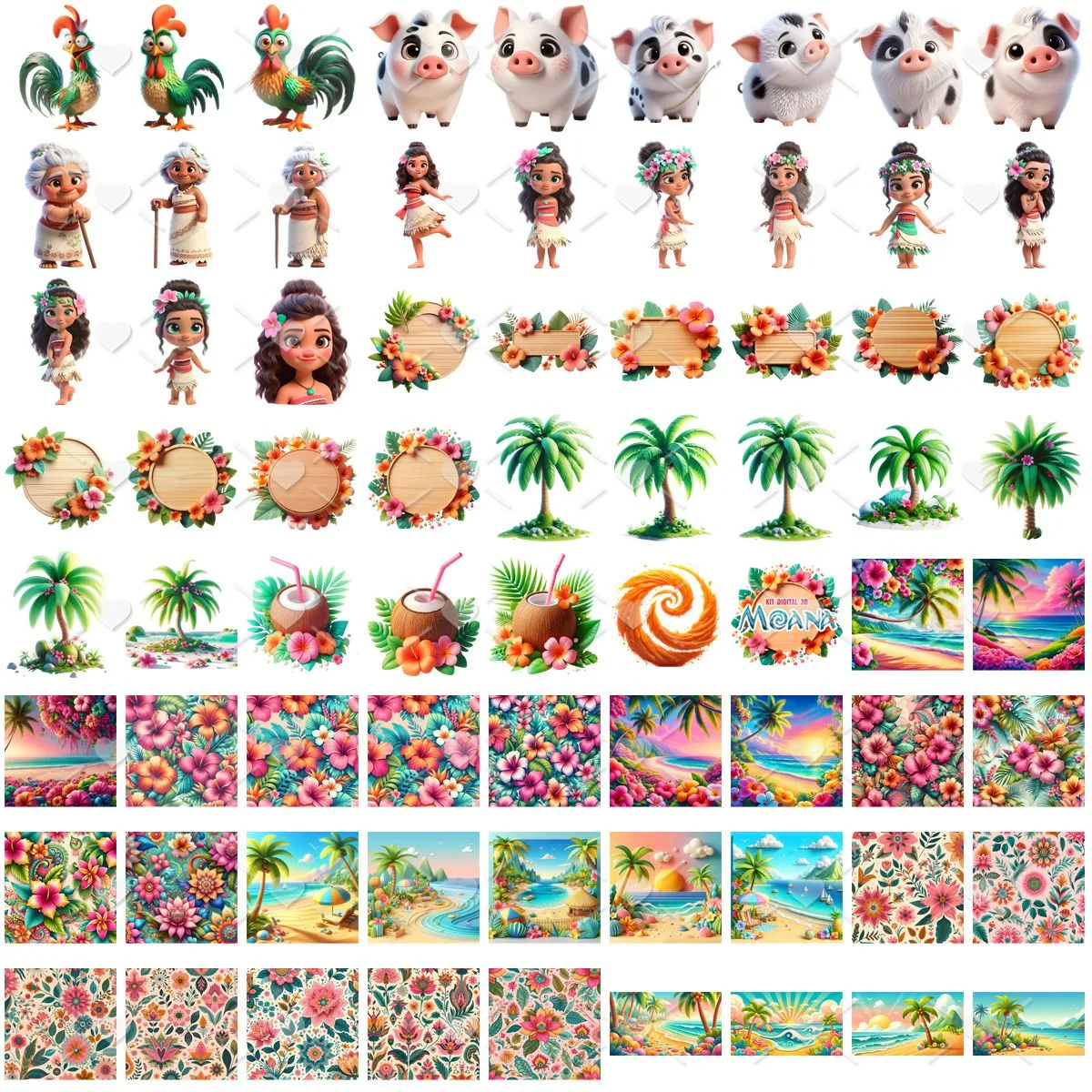 Kit Digital Moana Waialiki 3D Cute Fofo Ilustrações Png 3 Grade ilustrada com aves, porcos, meninas, palmeiras, flores tropicais e paisagens de praia