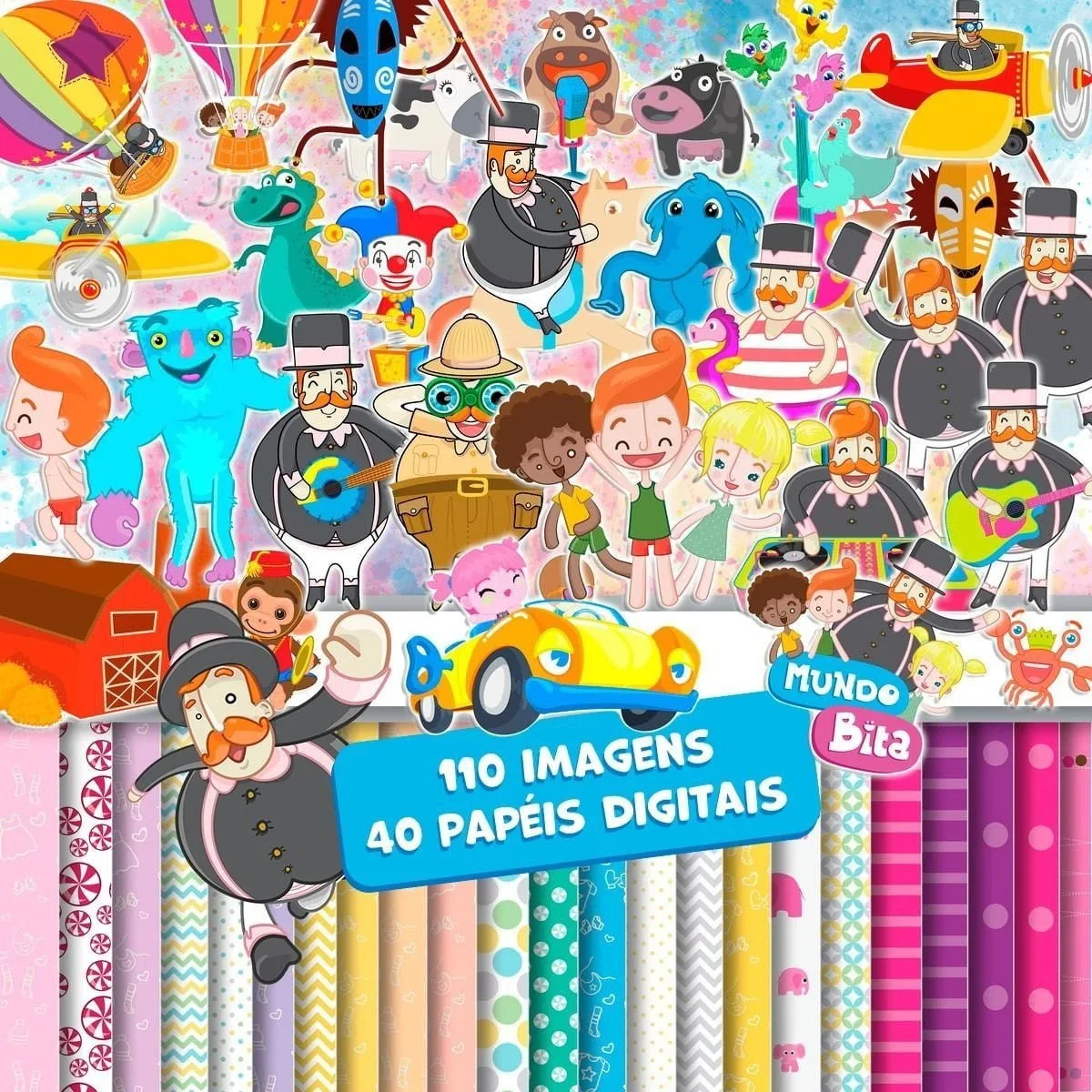 Ilustração digital infantil com personagens, animais e veículos sobre faixas estampadas