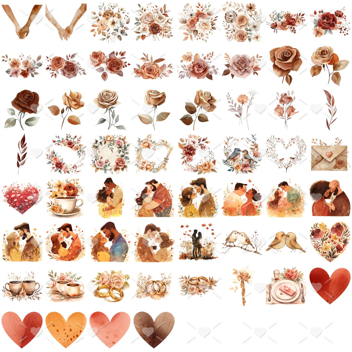 Kit Digital Namorados Apaixonados Ilustrações Png Românticas 2 Grade de elementos românticos em aquarela: flores, casais, corações e xícaras