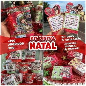 Colagem promocional de kit digital natalino com textos e elementos decorativos visíveis.