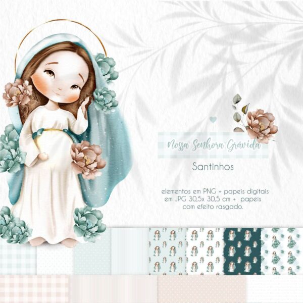 Kit Digital Nossa Senhora Gestante Santinhos em PNG Aquarela