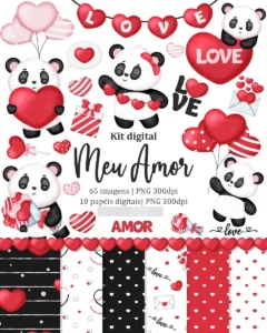 Kit Digital Panda Amoroso em PNG para Artesanato