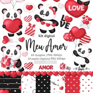 Kit Digital Panda Amoroso em PNG para Artesanato