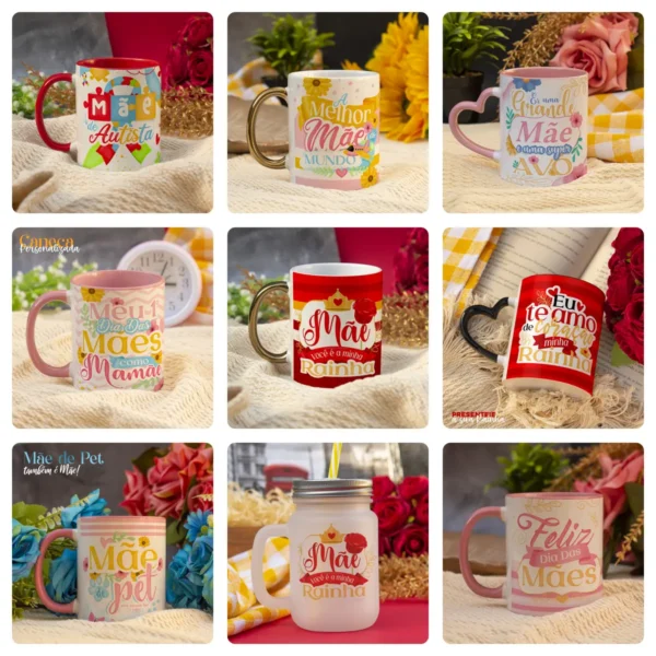 Kit Digital para Canecas Dia das Mães - 21 Designs em JPG
