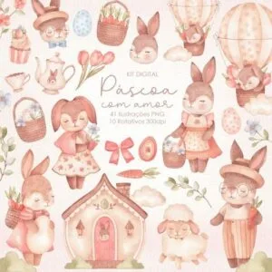 Kit Digital Páscoa Com Amor Artes E Ilustrações Em Aquarela