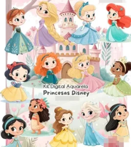 Kit Digital Princesas Disney em Aquarela PNG