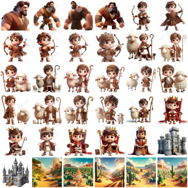 Kit Digital Rei Davi e Golias Baby Png Ilustrações 3D Fofo
