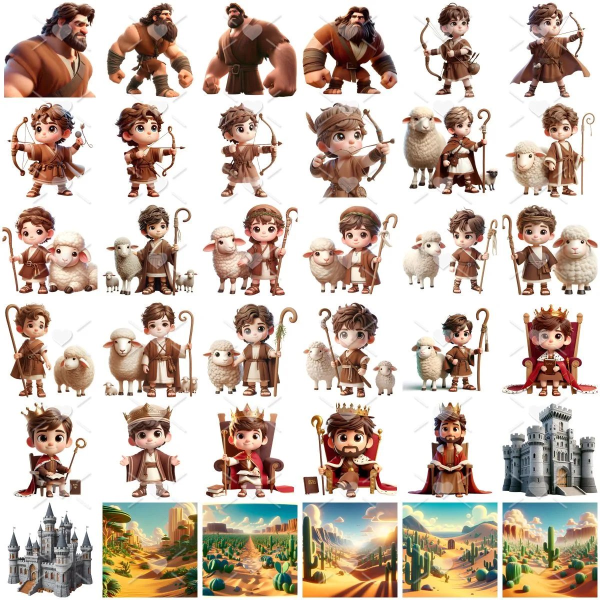 Kit Digital Rei Davi e Golias Baby Png Ilustrações 3D Fofo