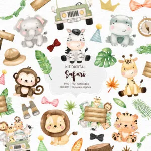 Kit Digital Safari Aquarelado Animais Floresta Fofos Cute