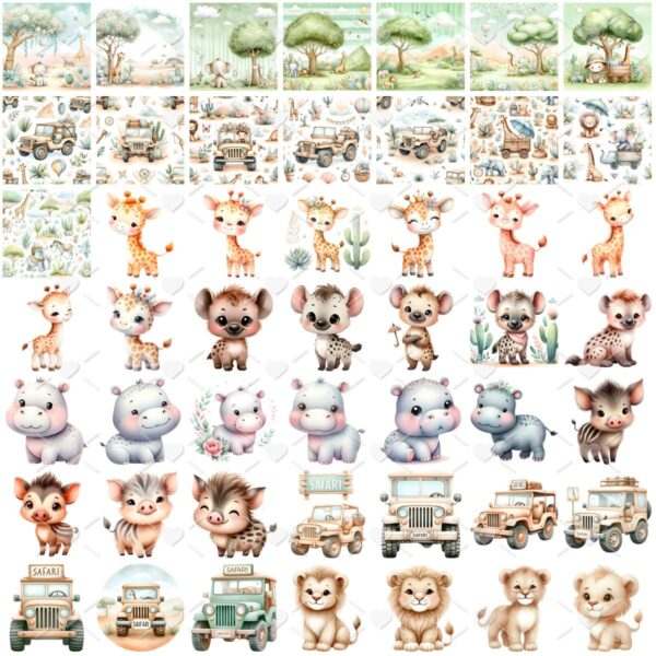Kit Digital Safari Baby Aquarela 3D Cute Fofo Ilustrações