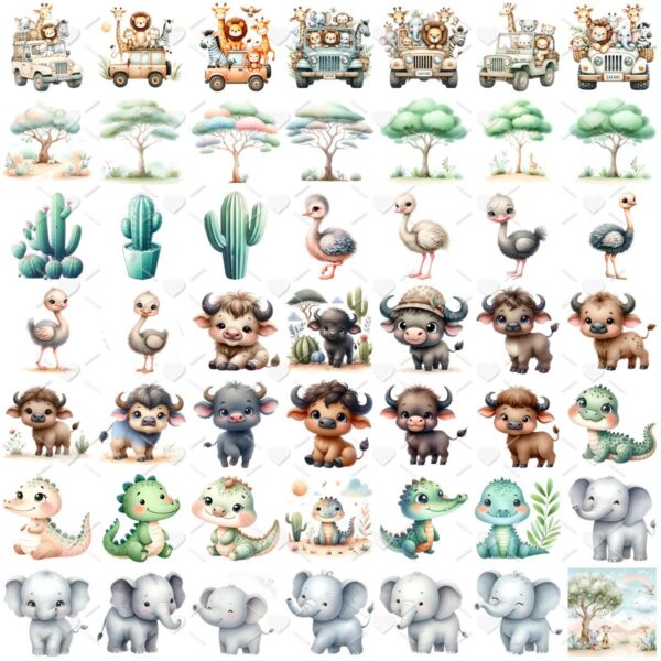 Kit Digital Safari Baby Aquarela 3D Cute Fofo Ilustrações