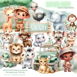 Kit Digital Safari Baby Aquarela 3D Cute Fofo Ilustrações
