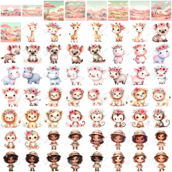 Kit Digital Safari Rosa Aquarela Baby Png Ilustrações 3D
