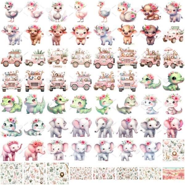 Kit Digital Safari Rosa Aquarela Baby Png Ilustrações 3D